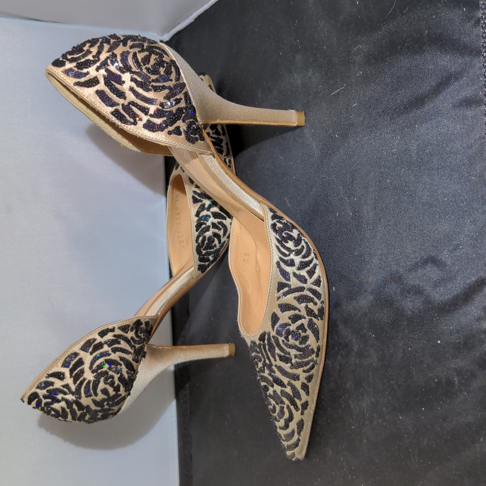 Sergio Rossi EUC sequin satin heels pumps 38 tan black